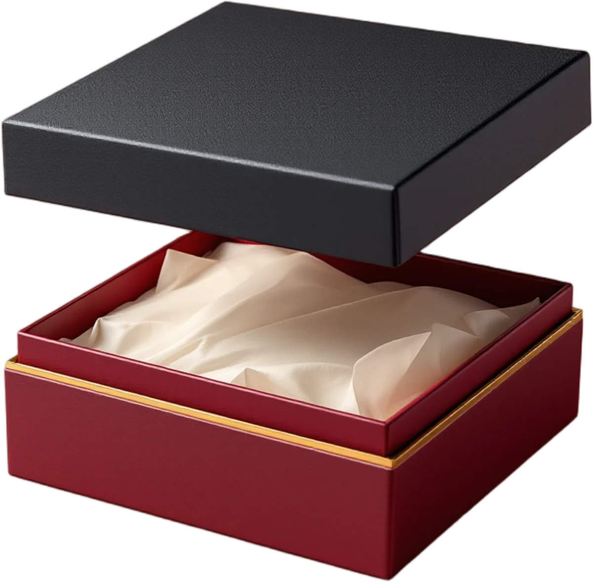 Rigid box · black linen lid · crimson base · gold edge
